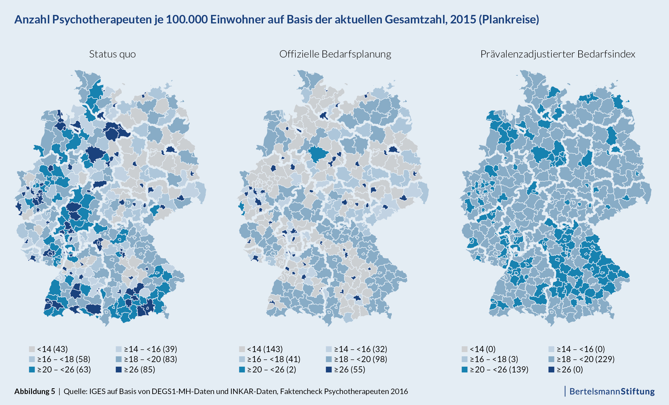 Anzahl Psychotherapeuten je 100.000 Einwohner auf Basis der aktuellen Gesamtzahl, 2015 (Plankreise)