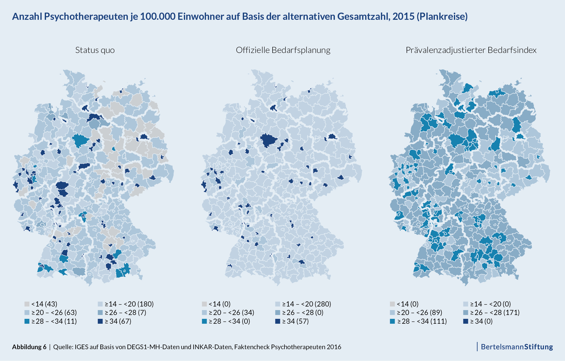 Anzahl Psychotherapeuten je 100.000 Einwohner auf Basis der alternativen Gesamtzahl, 2015 (Plankreise)